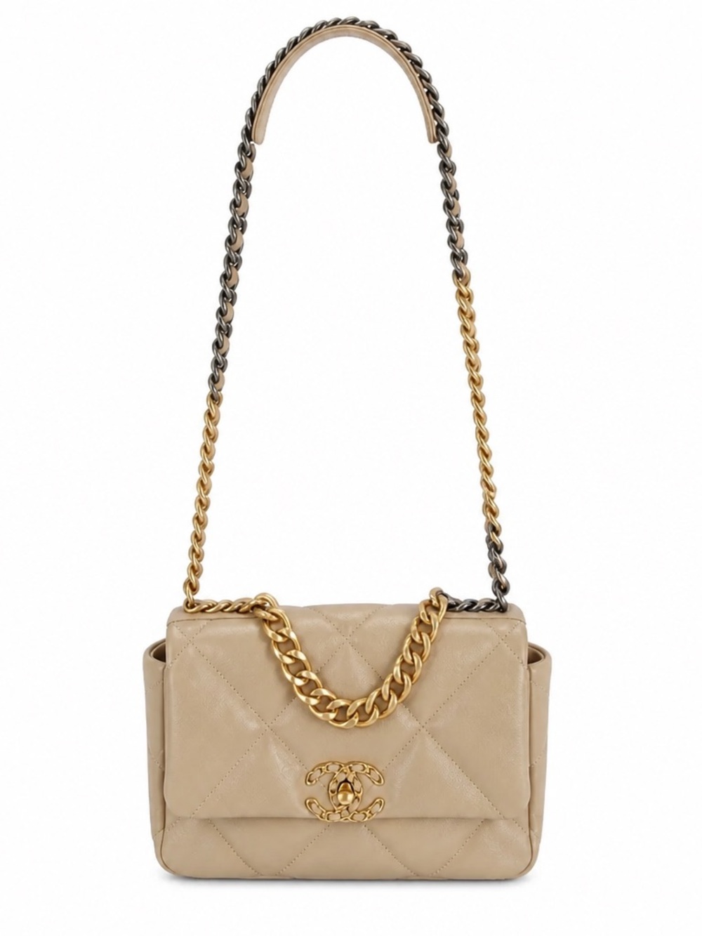 Beige Quilted Chain Shoulder Bag